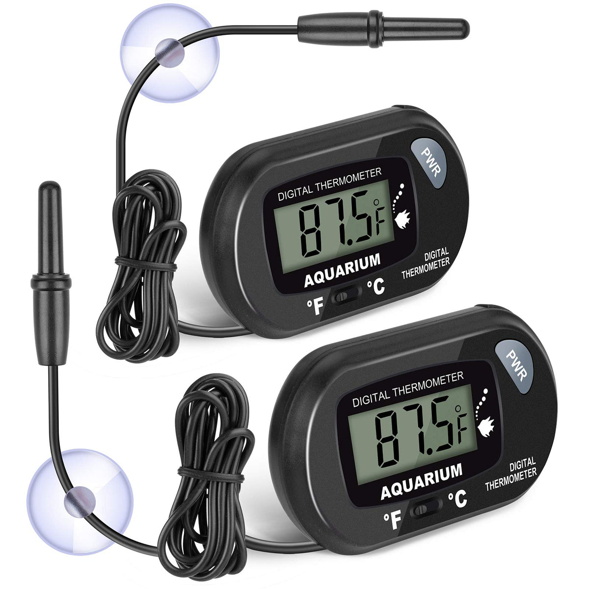 AikTryee aquarium thermometer 2-pack front view with clear LCD display for quick readings.