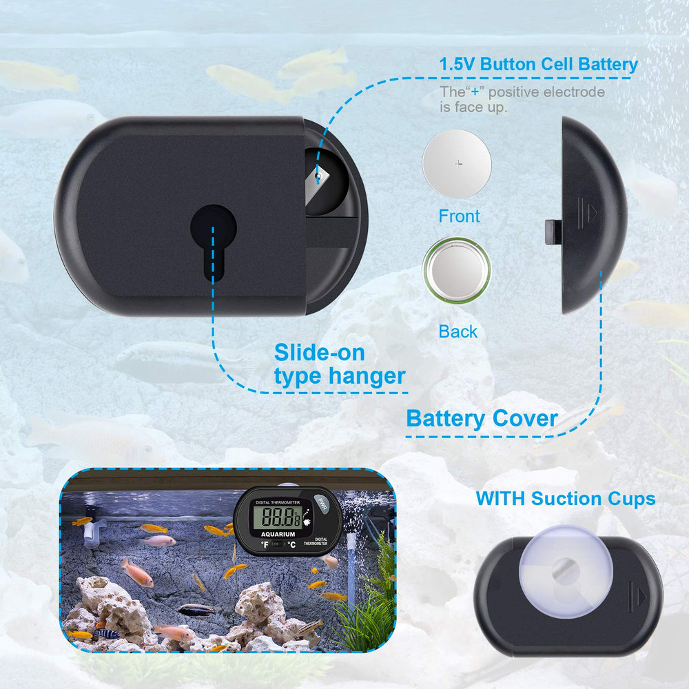 AikTryee aquarium thermometer 2-pack LCD display shows real-time temperature readings.