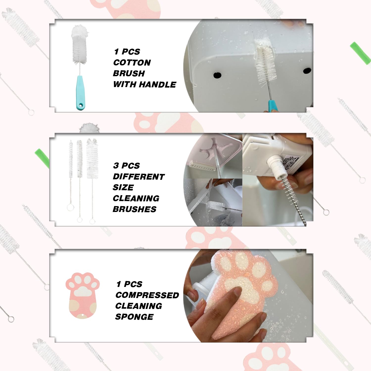 AIMAOGOU assorted cleaning brushes tackle crevices in pet fountains.