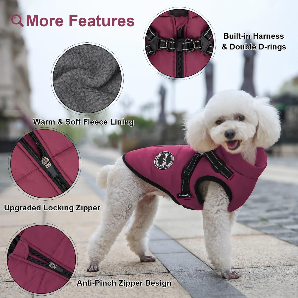 Aimydog Warm Dog Winter Coat harness detail highlighting built-in harness for easier strolls.