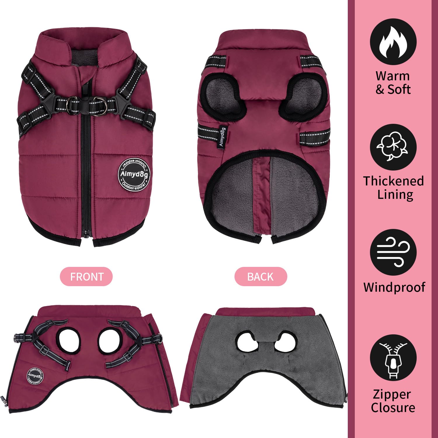 Aimydog Warm Dog Winter Coat reflective strips improve night visibility during walks.