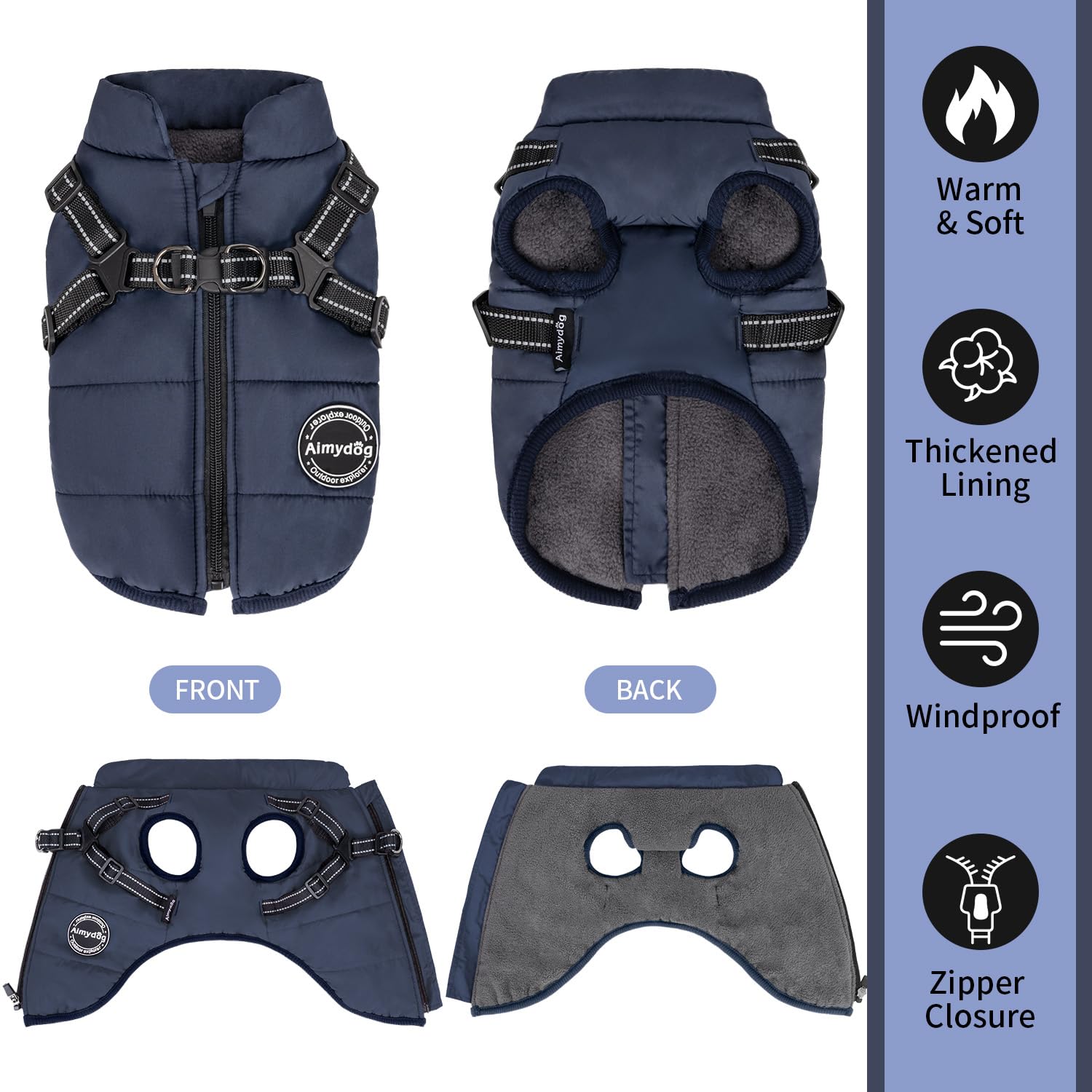 Aimydog waterproof windproof coat keeps rain or snow away while dogs explore outside.