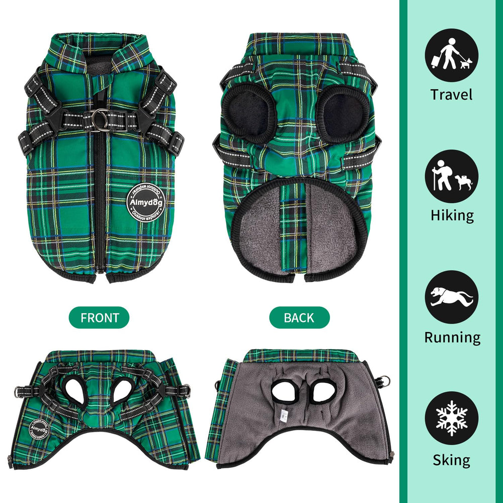 Aimydog waterproof dog coat in green provides snow resistance.