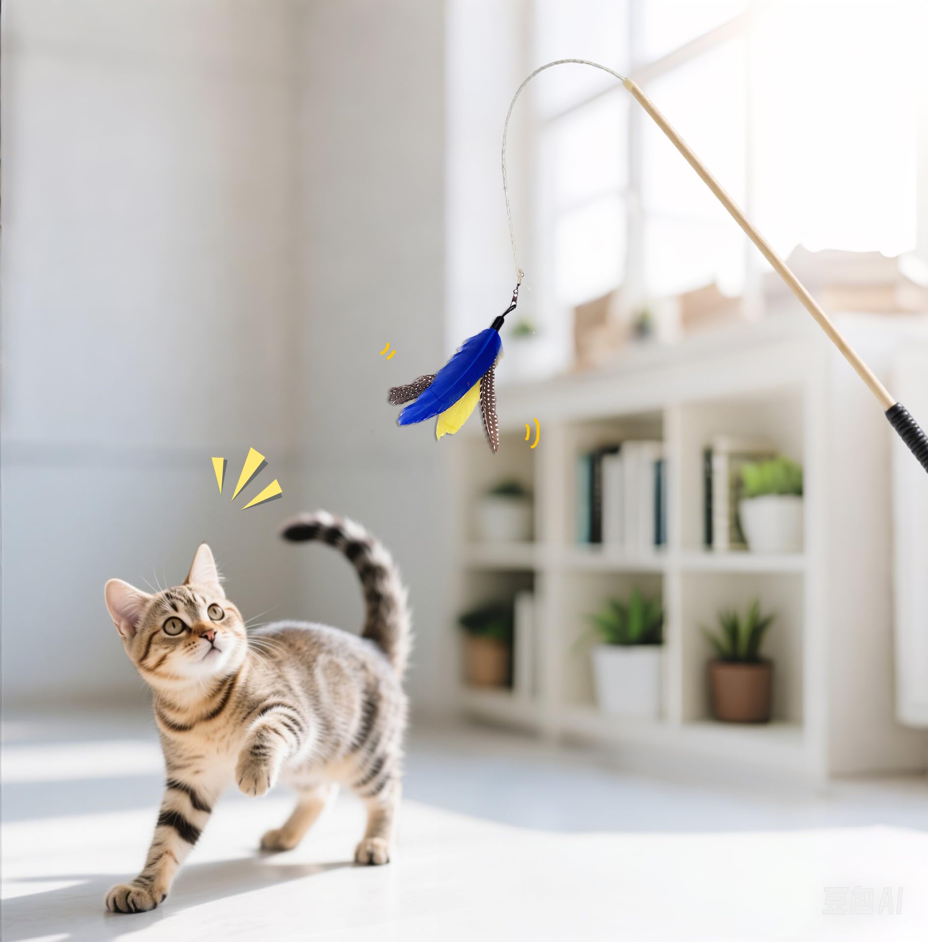 AINTE indoor cat play session highlights safe, supervised fun with replacement feathers.