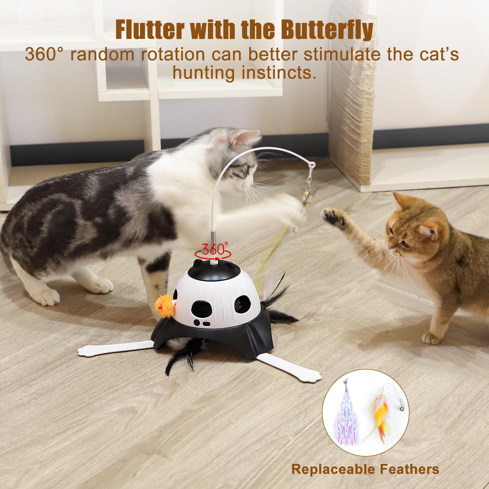 AIPERRO rotating feather wand spins to spark curiosity and active kicking.