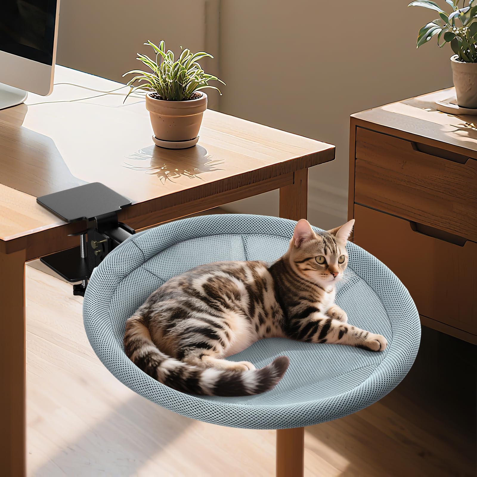 AIPERRO cat desk bed on a desk with cat, illustrating near-work setup