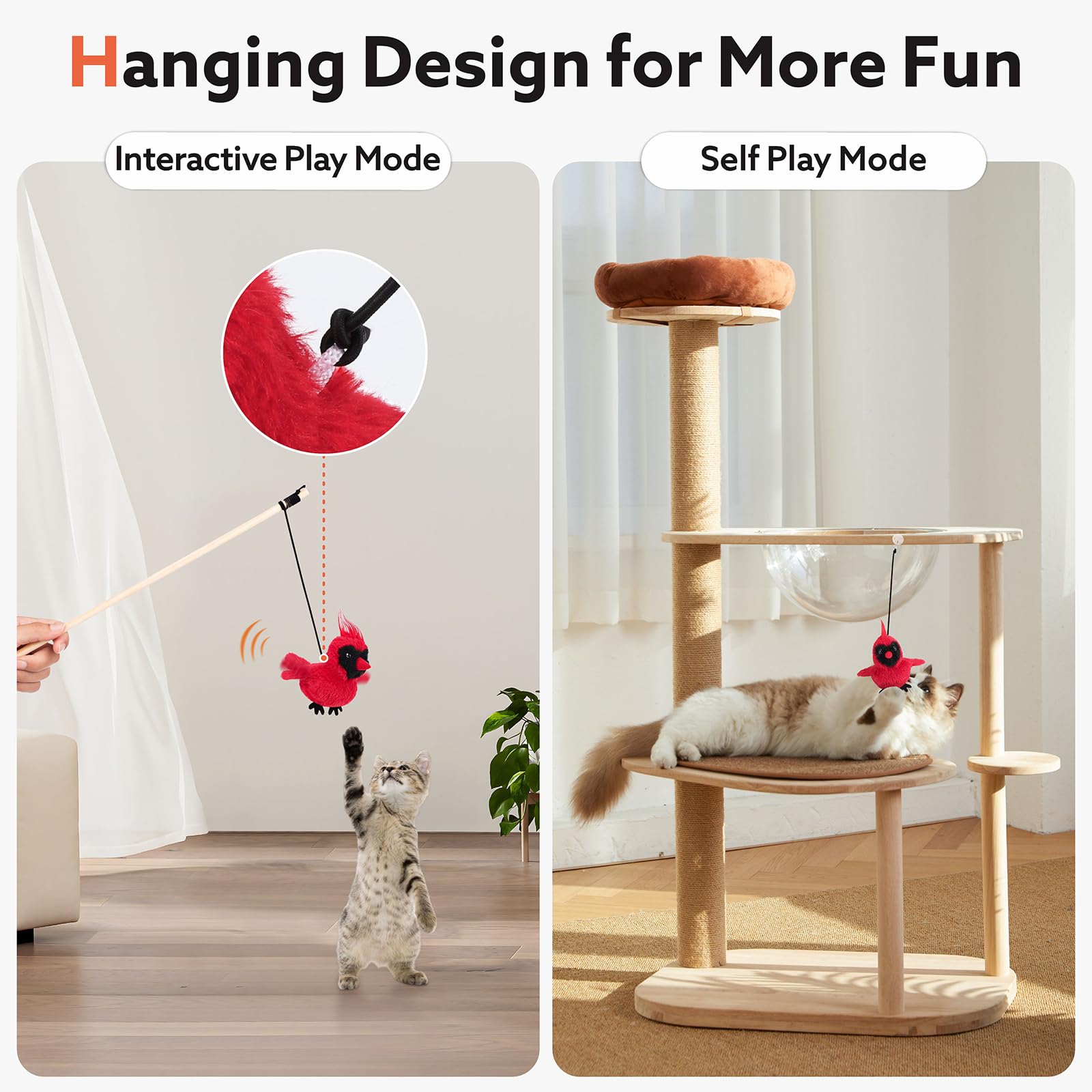 AIPERRO flapping cardinal toy attached to wand for interactive play