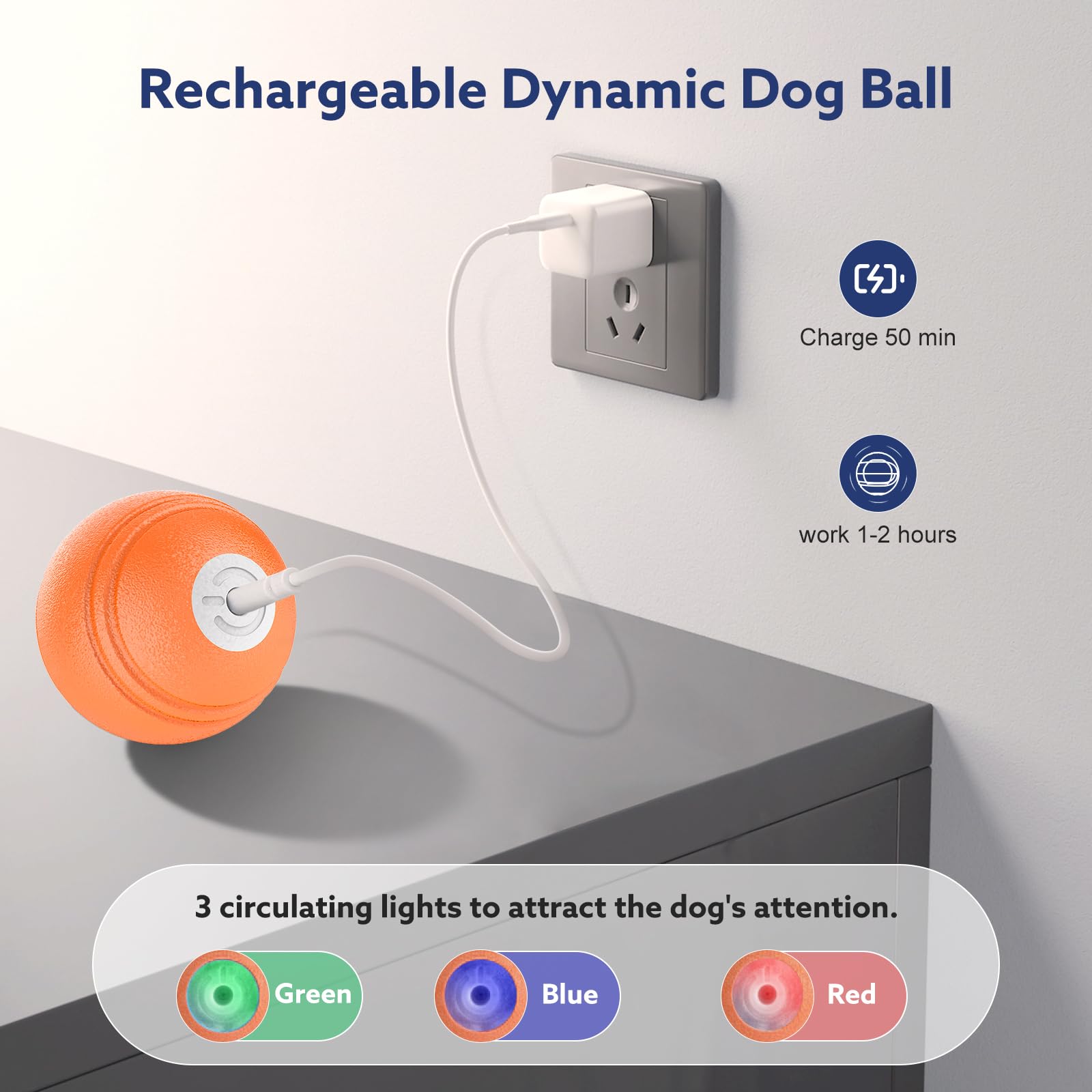 AIPERRO Interactive Dog Ball charging image highlights fast 50-minute recharge for longer sessions.