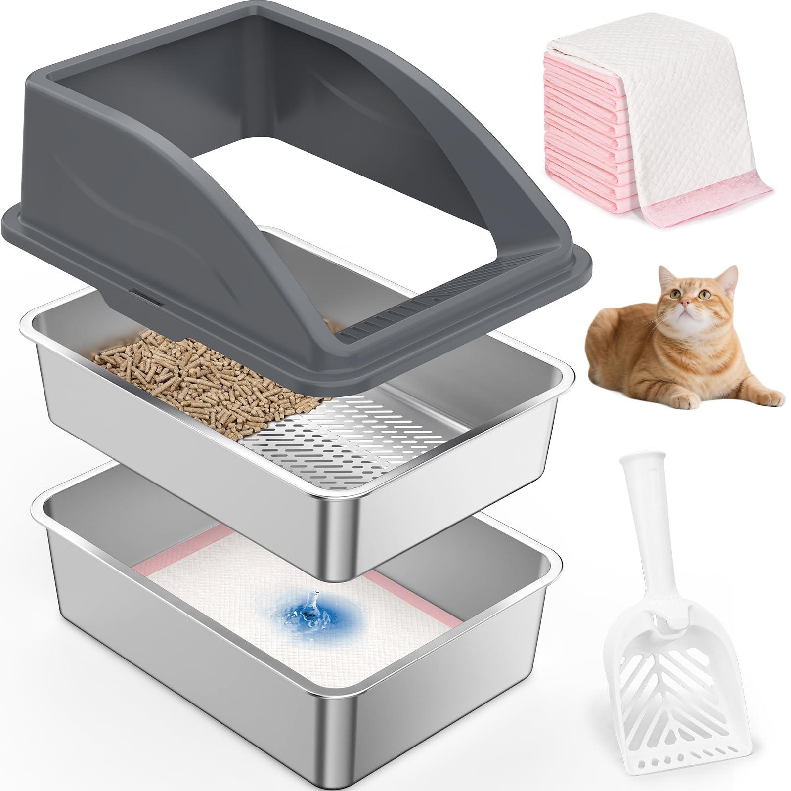 AIPERRO stainless steel litter box dual-layer pine pellet top view showcases dust-reducing sifting design