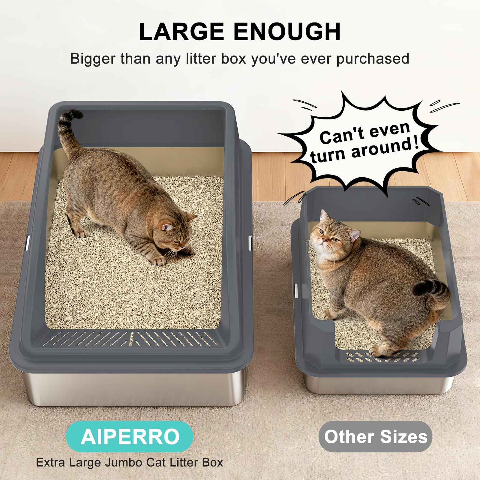 AIPERRO stainless steel litter box interior offers roomy space for big cats.