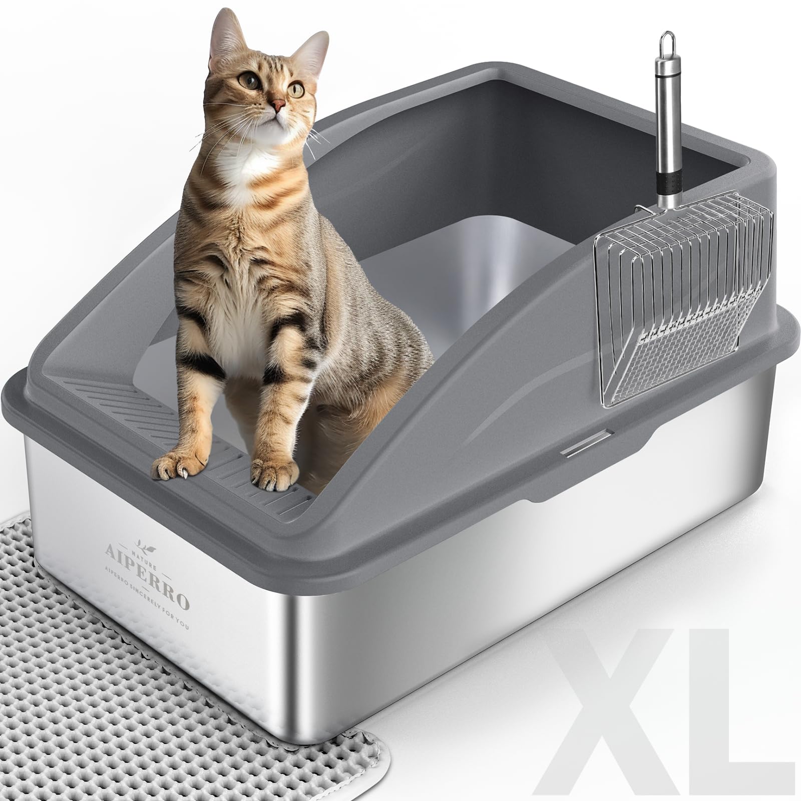 AIPERRO stainless-steel litter box top view showing enclosed design for reduced scatter.