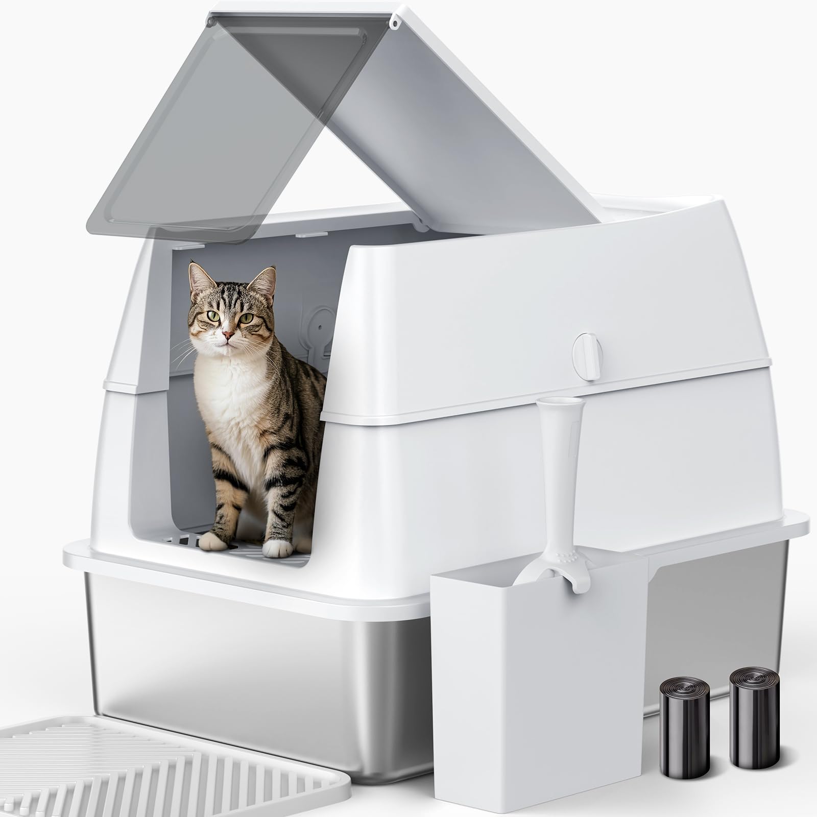 AIPERRO stainless steel litter box with lid showing secure flip-top for easy scooping.