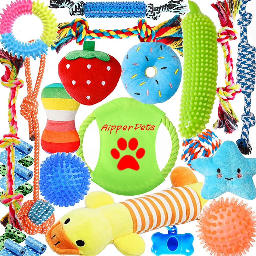 Aipper dog toys 25-pack variety, colorful chew toys for puppies.