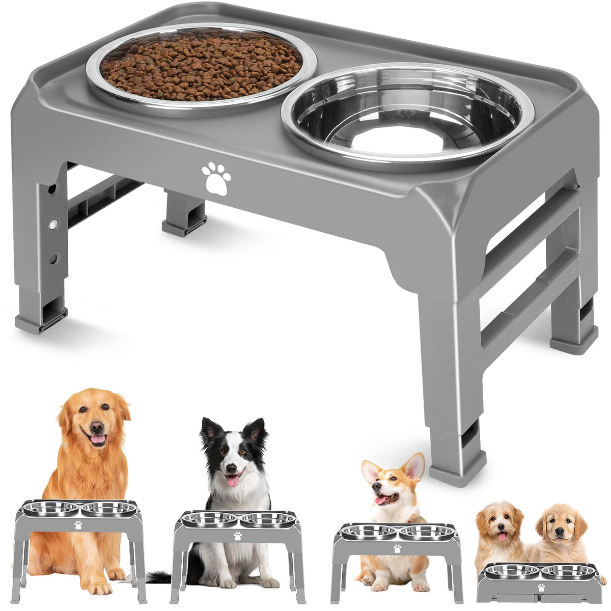 AIRMX elevated dog bowl stand grey with two bowls for ergonomic feeding.