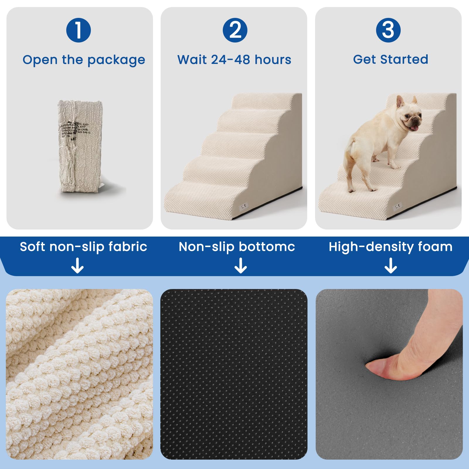 Airpanda 5 Step Dog Stairs beige vacuum-packed setup shows quick expansion for use
