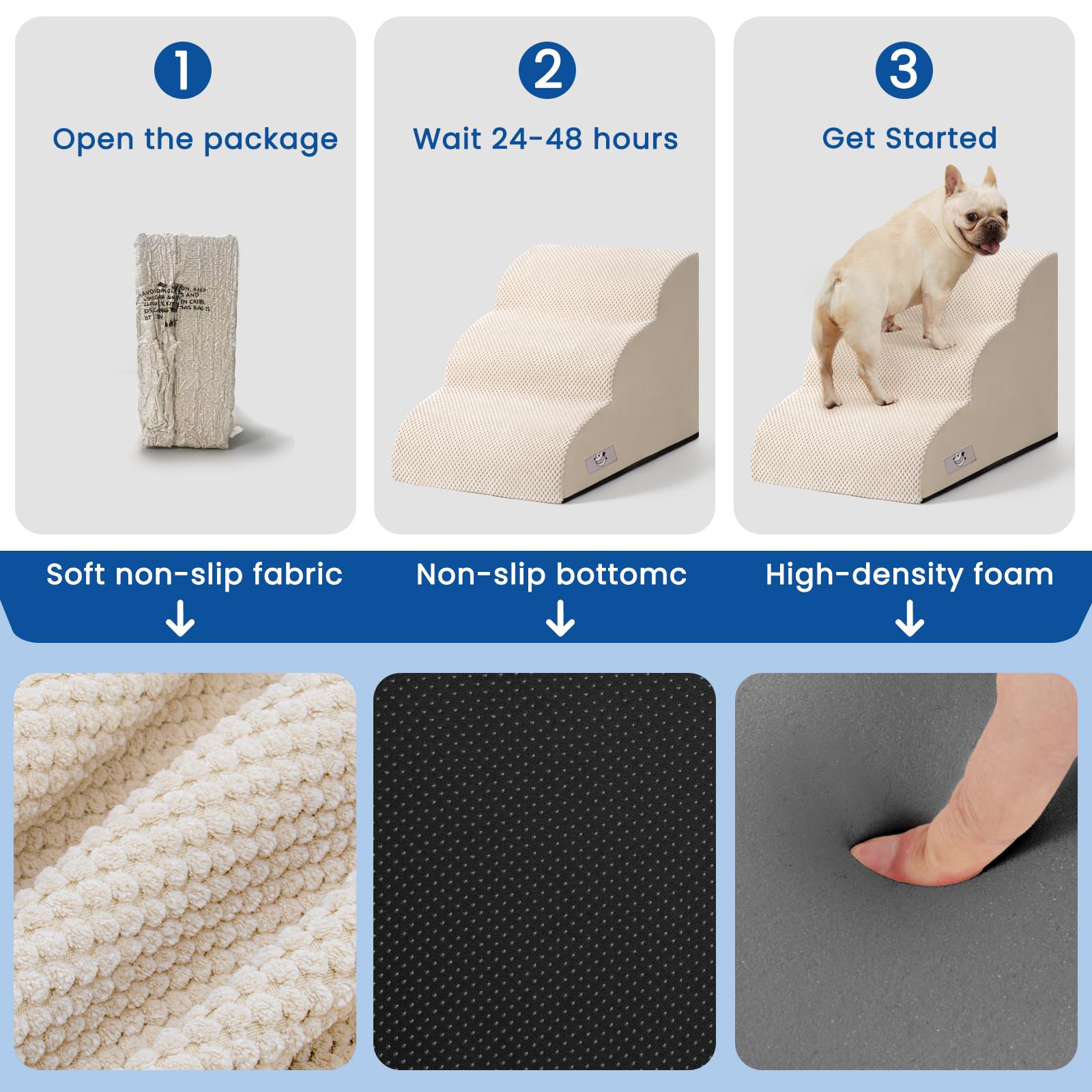 Airpanda dog stairs in use on bed for convenient pet access.