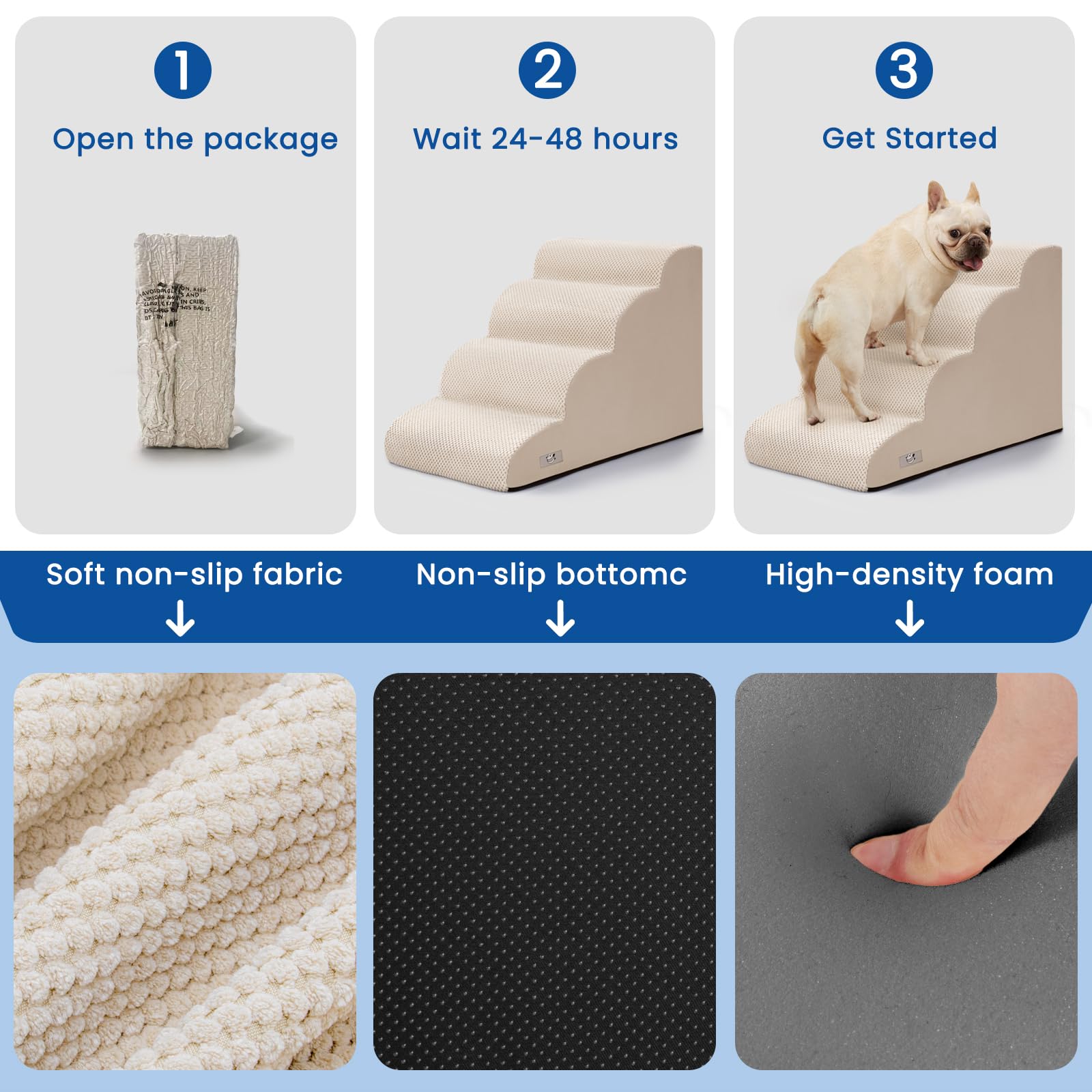 Airpanda dog steps vacuum-packaged for compact shipping and rapid expansion.