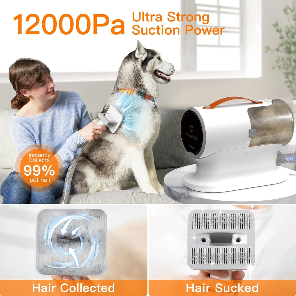 AIRROBO dog grooming vacuum suction close-up highlights 12000pa power for fur pickup.
