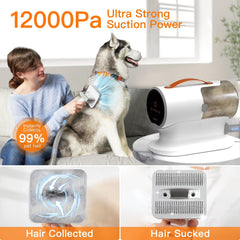 AIRROBO dog grooming vacuum suction close-up highlights 12000pa power for fur pickup.