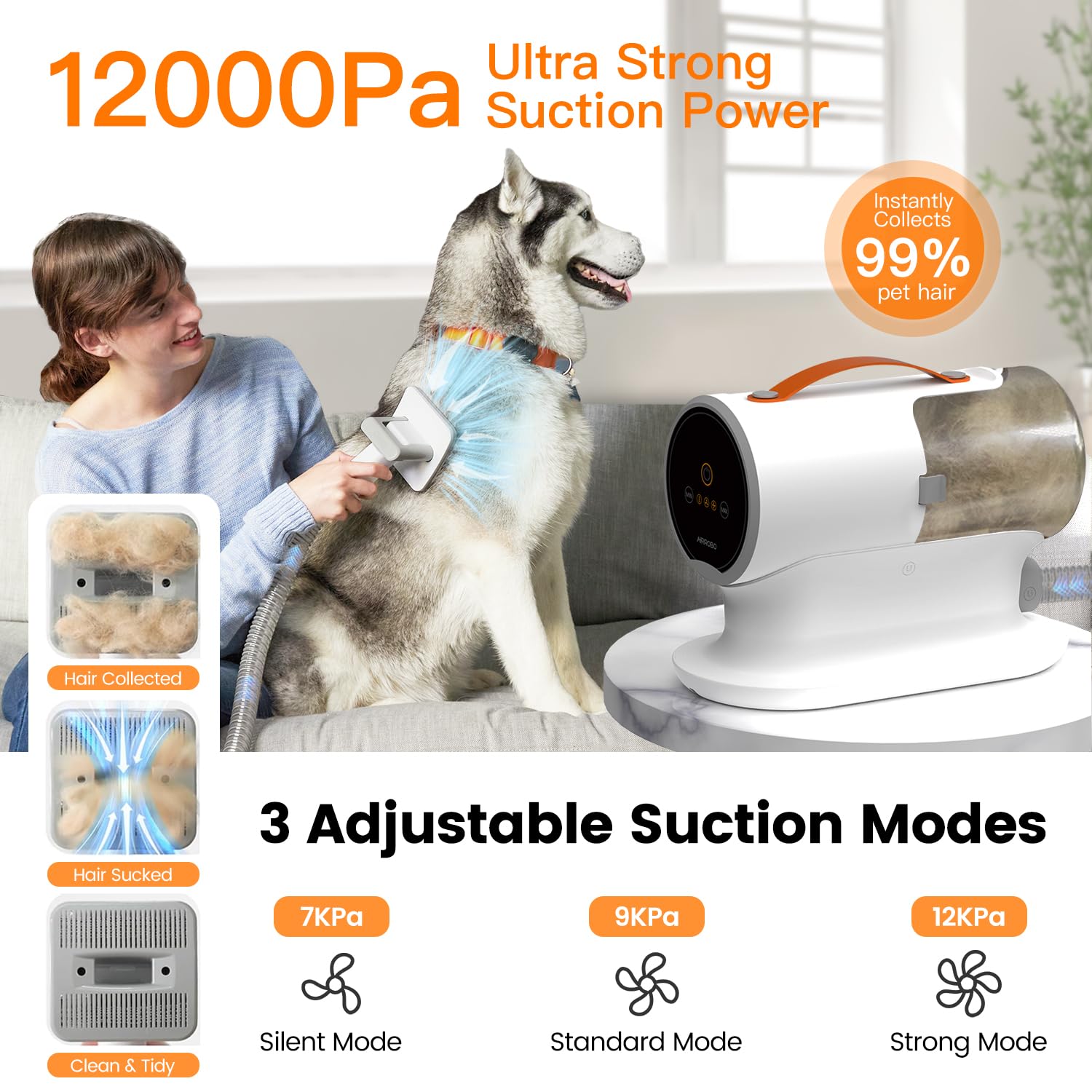 AIRROBO extended-hose image shows reach to hard-to-clean areas while keeping pets calm.