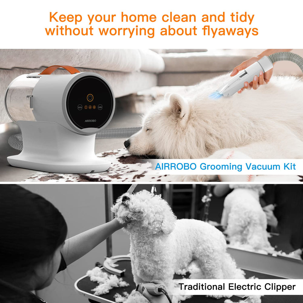 AIRROBO large-dust-cup image highlights extended grooming sessions without frequent emptying.