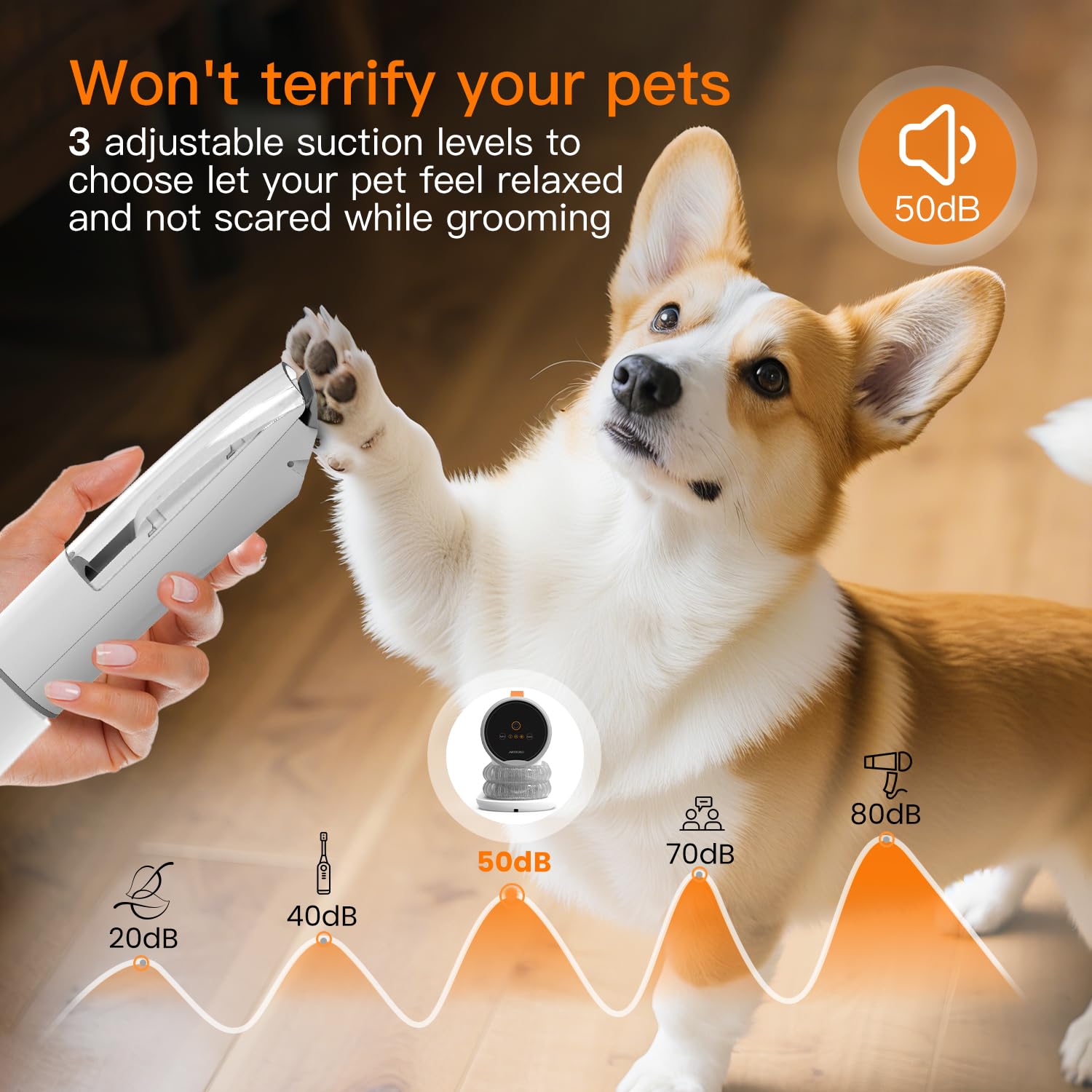 AIRROBO low-noise operation image emphasizes pet-friendly grooming sessions.