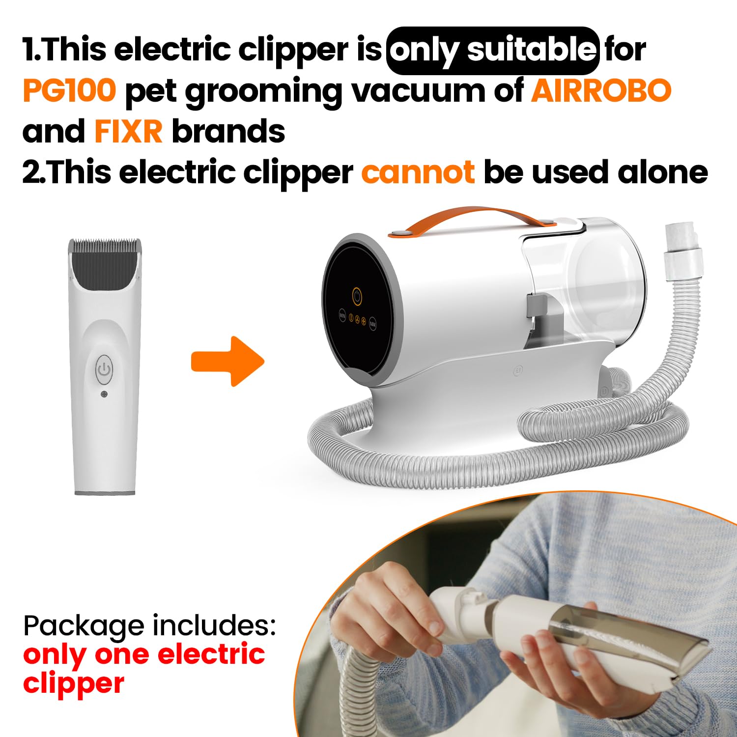 AIRROBO PG100 clipper attached to vacuum enabling integrated grooming sessions