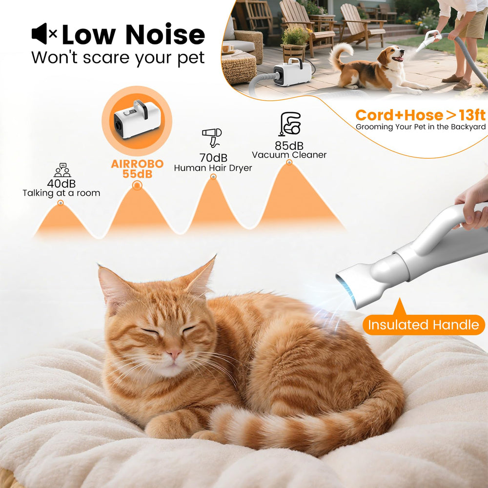 AIRROBO PGD100 extendable hose and cord offers reach during grooming.