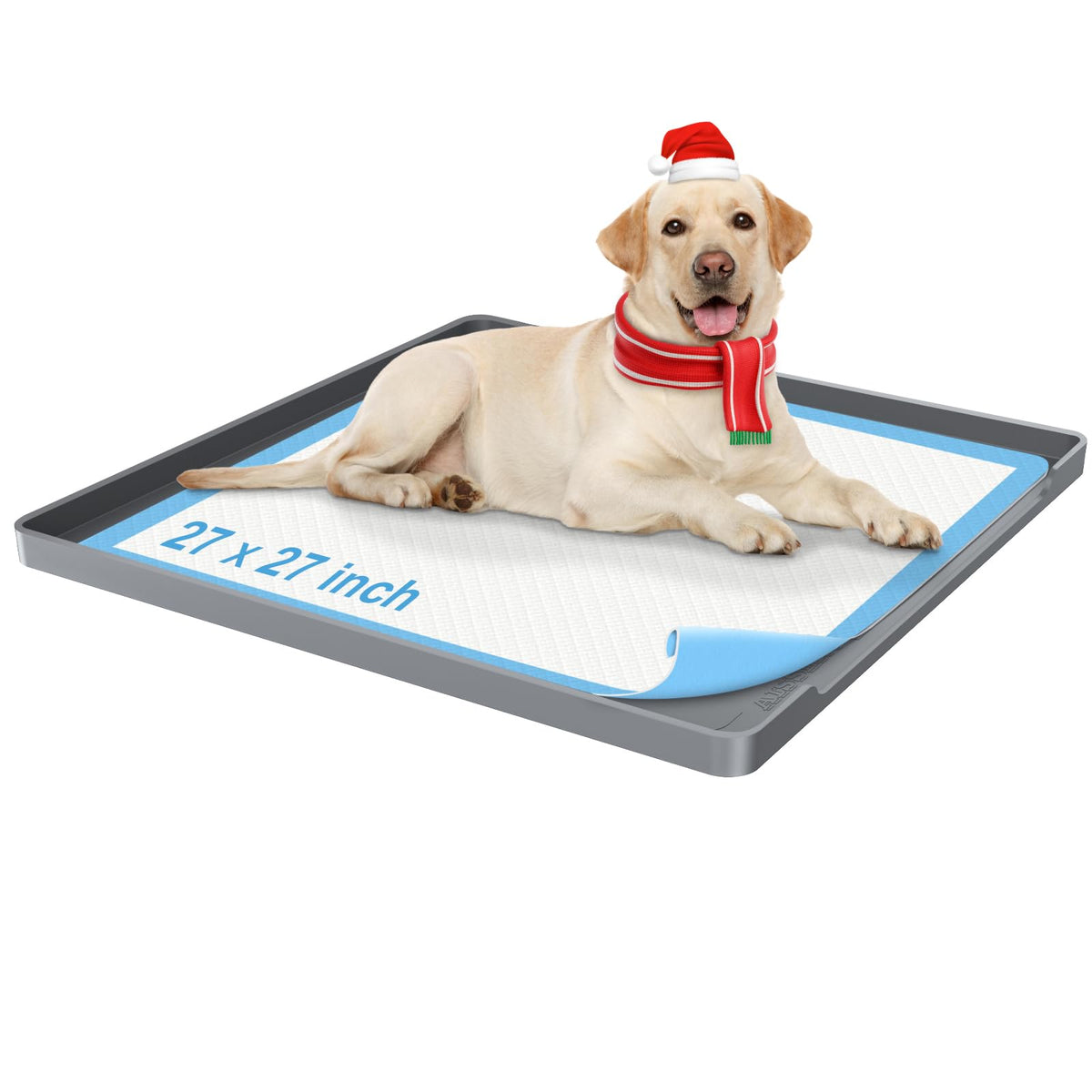 Aisslro pee pad holder shows 27x27 fit with generous border for secure pads