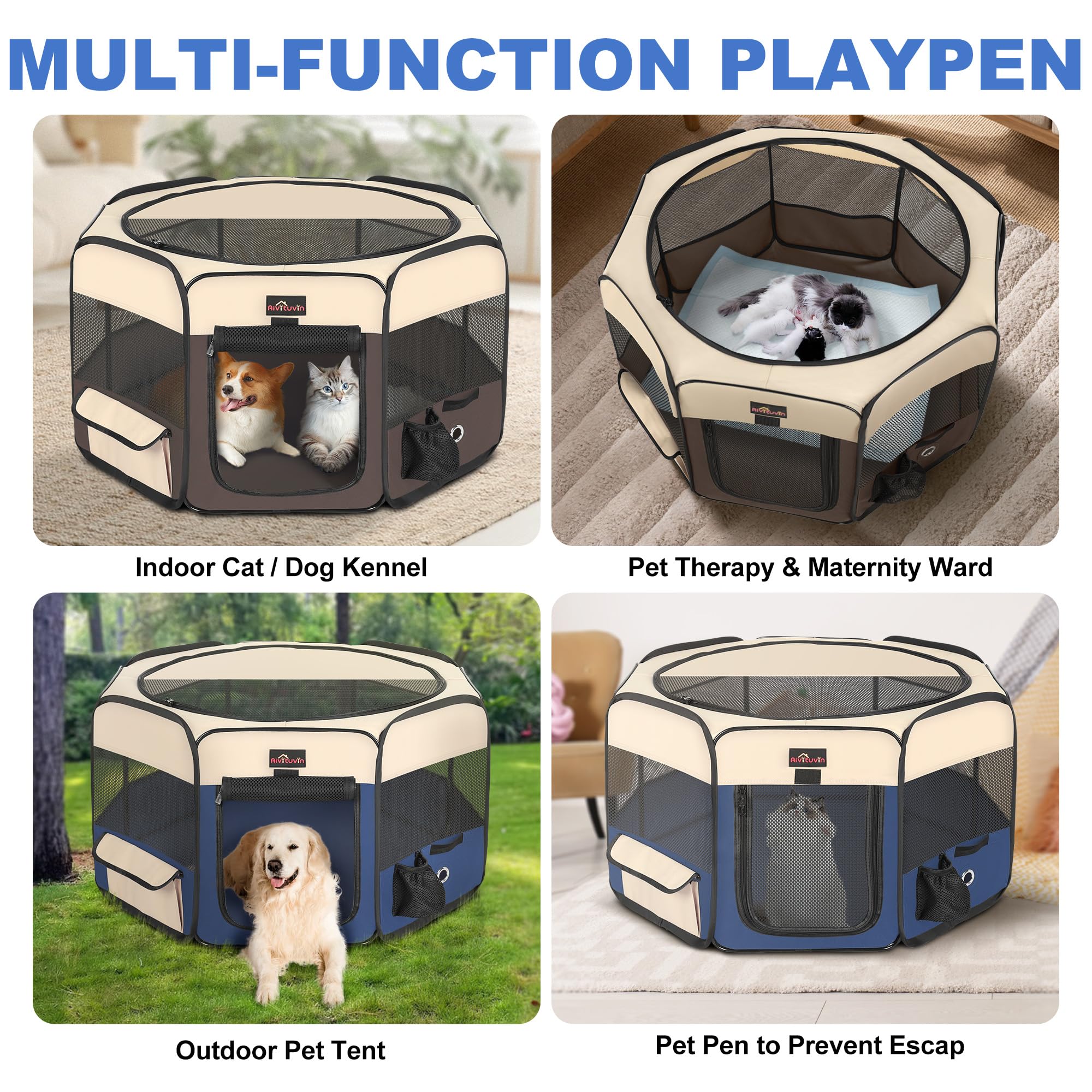 Aivituvin dog playpen blue-s easy-clean fabric for hygiene