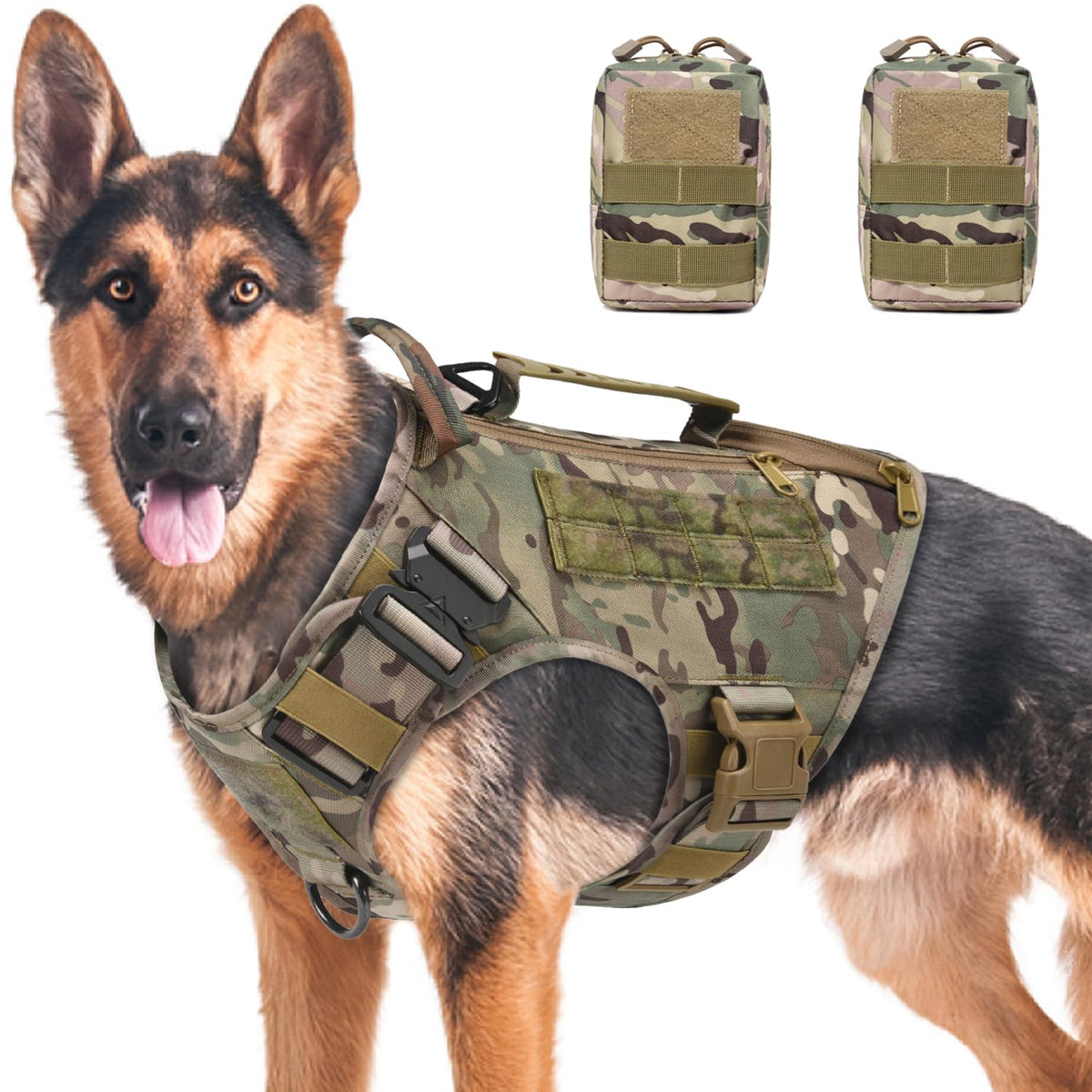 AIWAI Tactical Dog Harness side bags provide hands-free storage during outdoor walks.