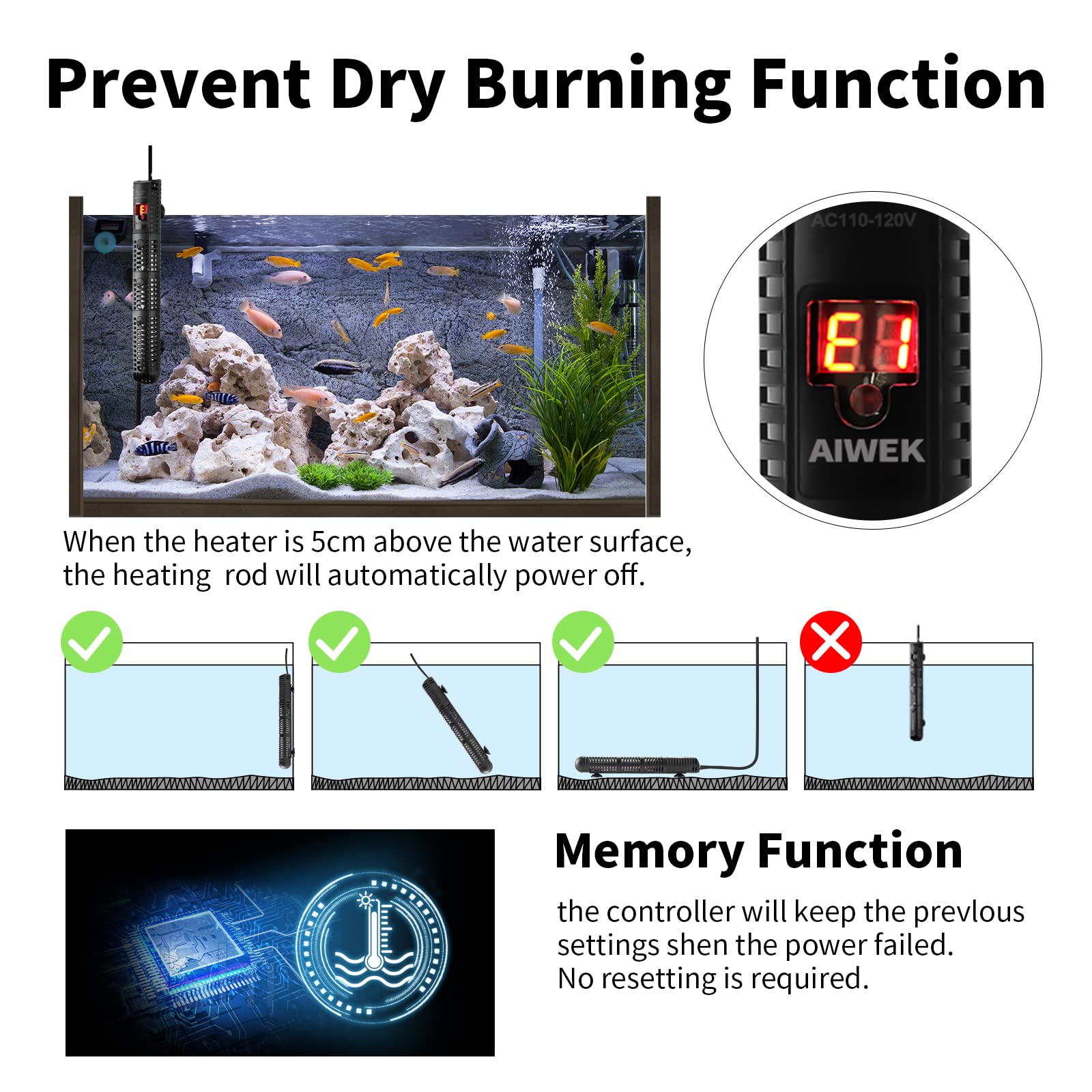 AIWEK aquarium heater low-water shutdown protects fish during water level changes
