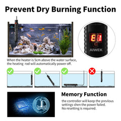 AIWEK aquarium heater low-water shutdown protects fish during water level changes