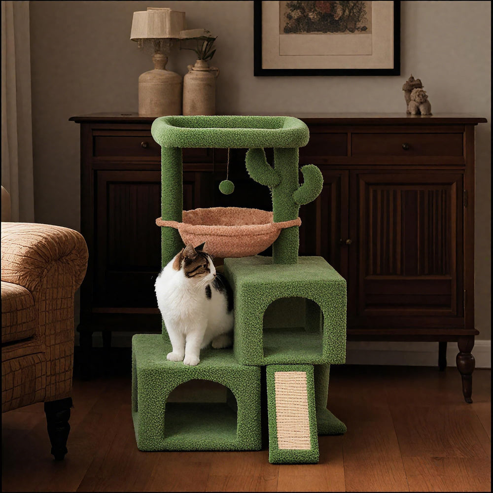AIWIKIDE cactus cat tree tower in-room setup demonstrates multi-level indoor play