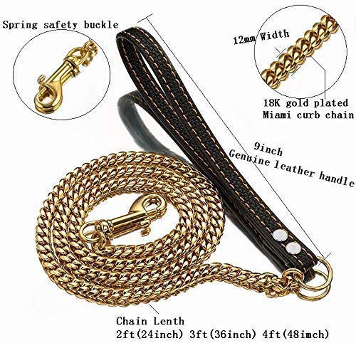 AIYIDI strong dog chain gold leash 3ft length overview with durable chain.