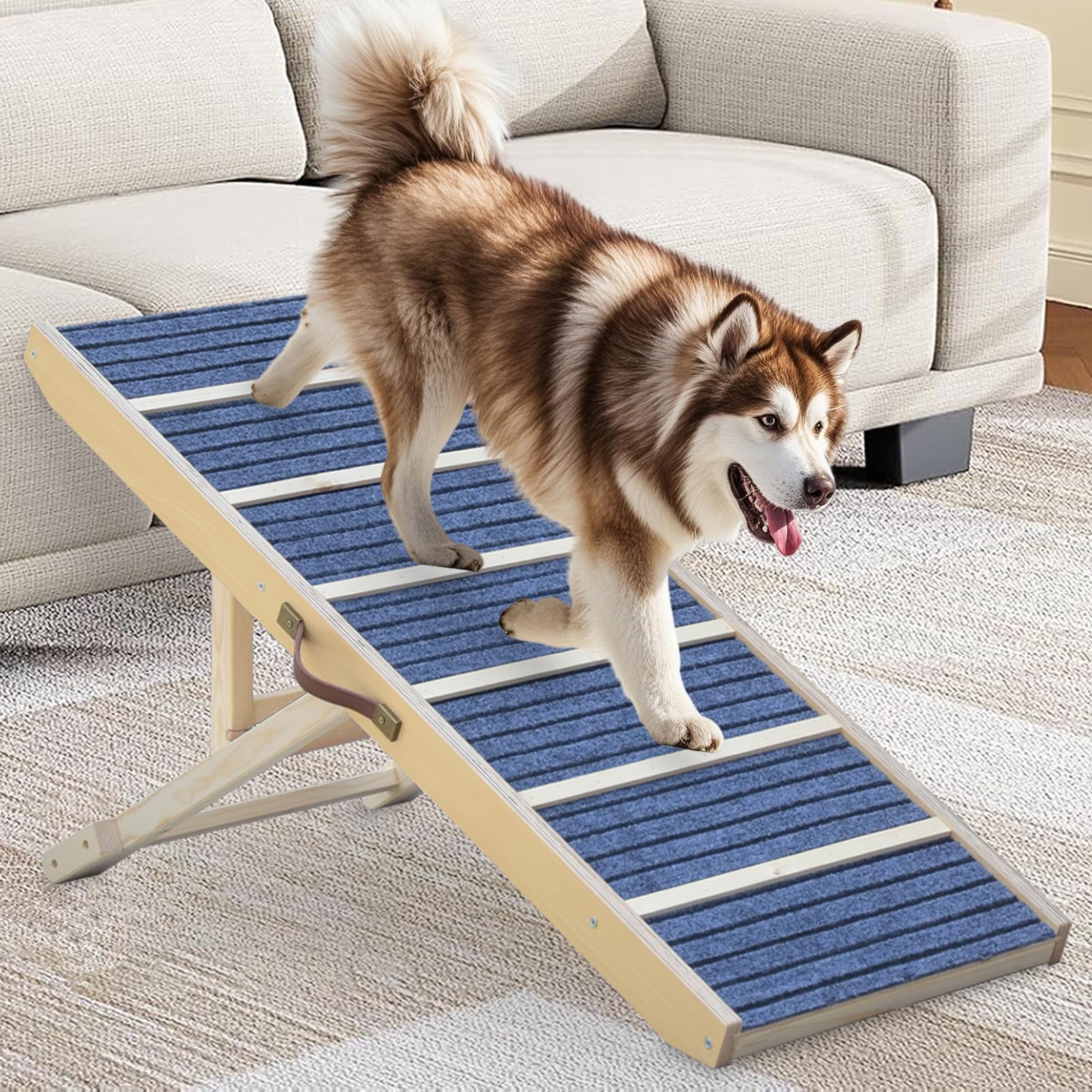 AKACIJA Dog Ramp for Bed unfolded shows easy bed access with gentle incline.