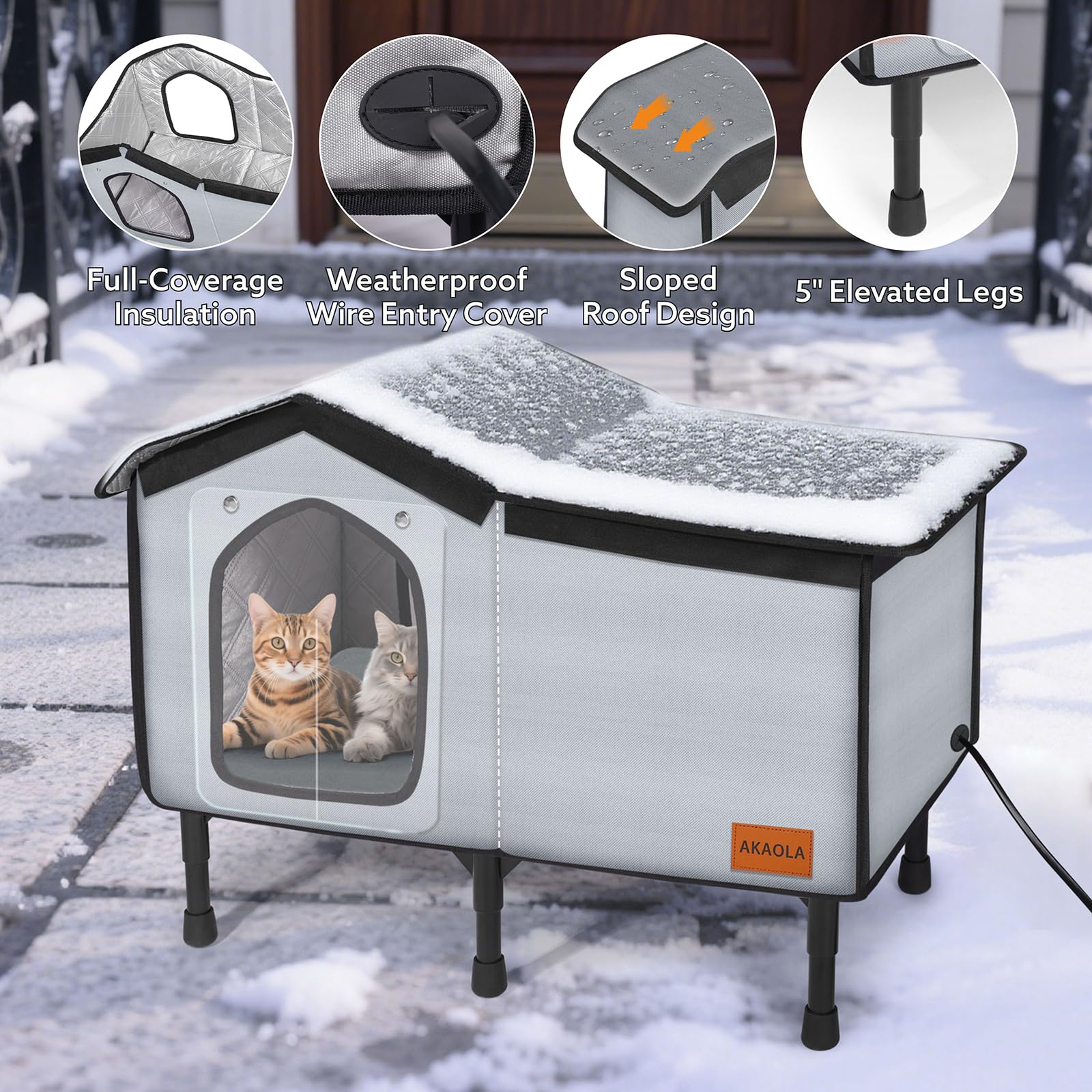 AKAOLA cat house five-inch elevated base keeps paws off cold ground.