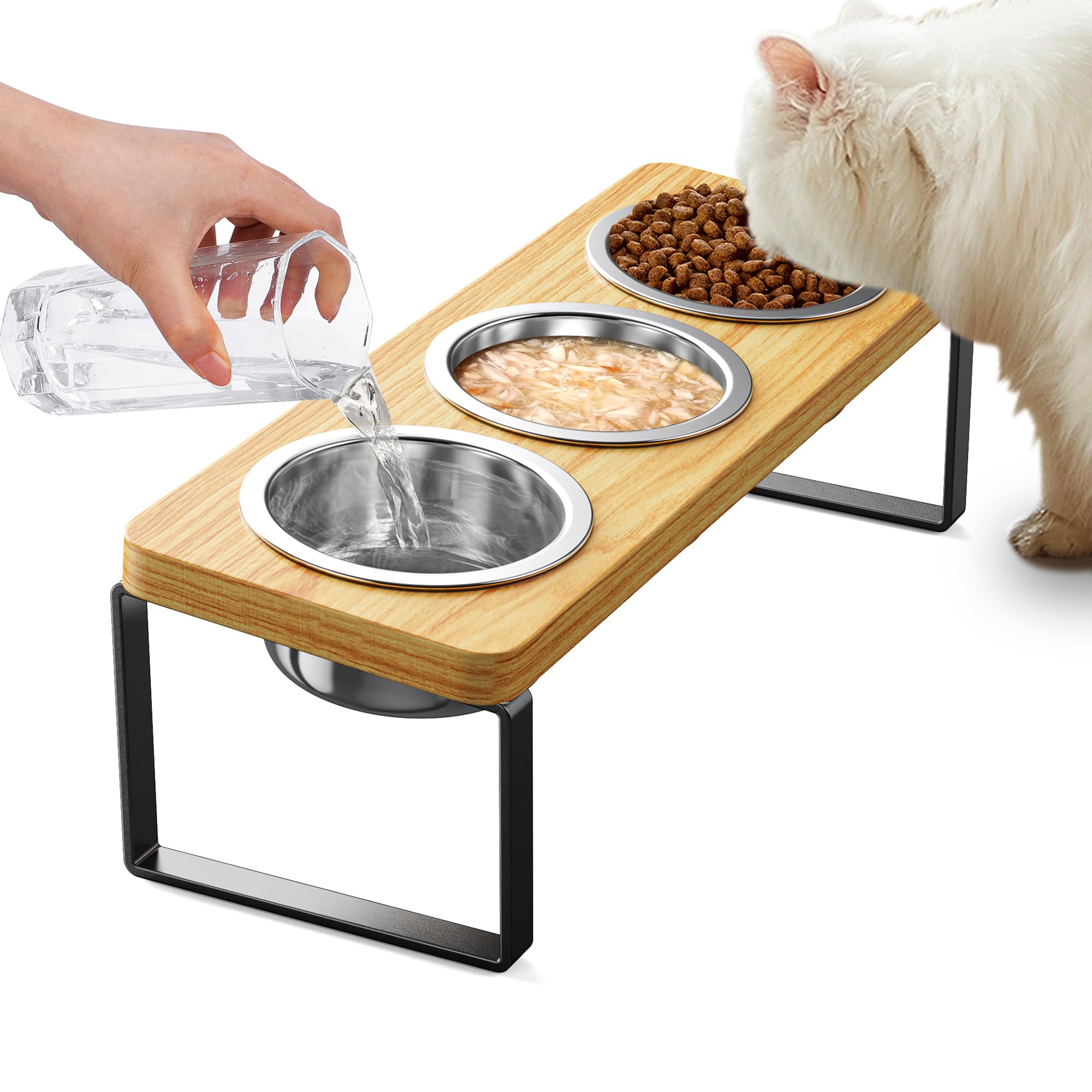 AKAOLA elevated cat bowls tilted 10 degrees for comfortable dining and reduced spills.