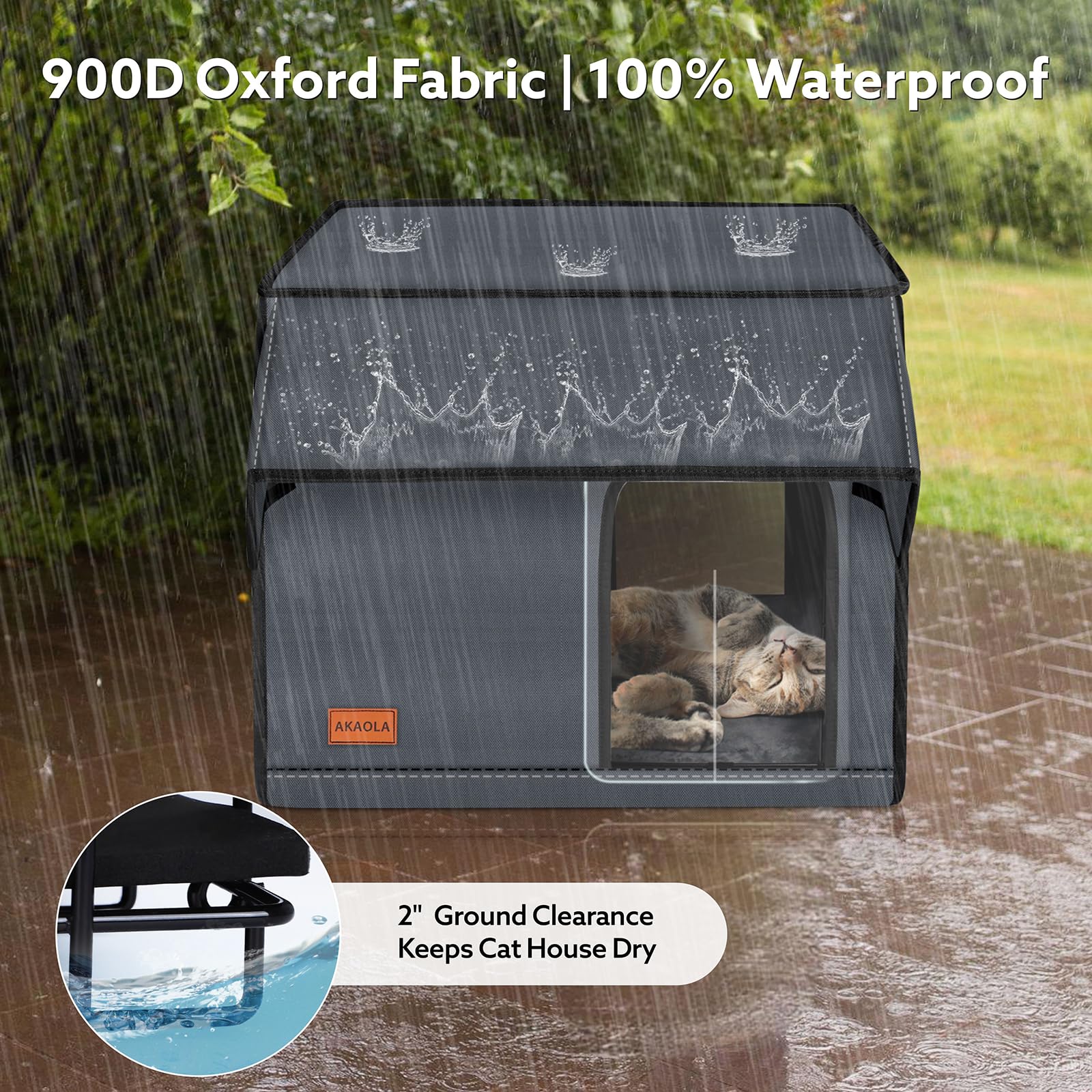 AKAOLA Large Heated Cat House waterproof-cover protects interior during rain and snow.