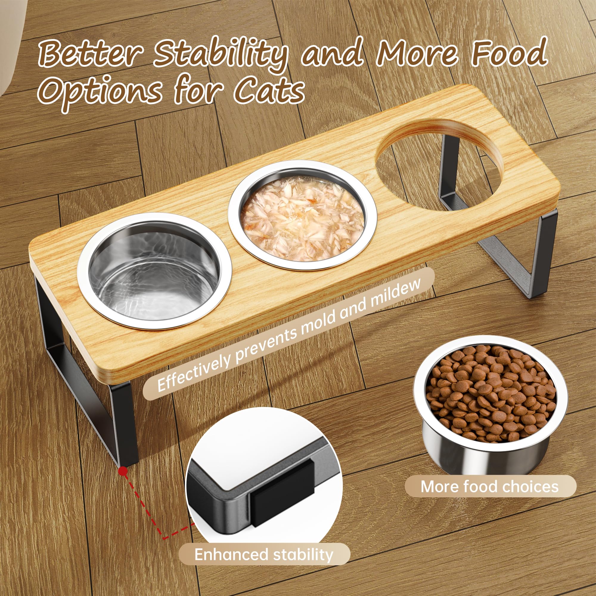 AKAOLA wooden stand provides sturdy support to prevent tipping during meals.