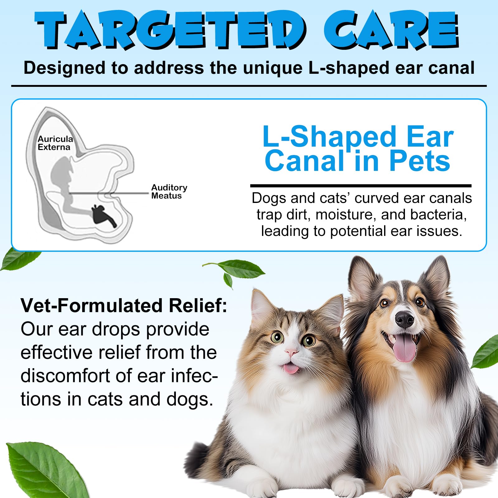 Akareni ear-cleaning solution is applied to a pet's outer ear for debris removal.
