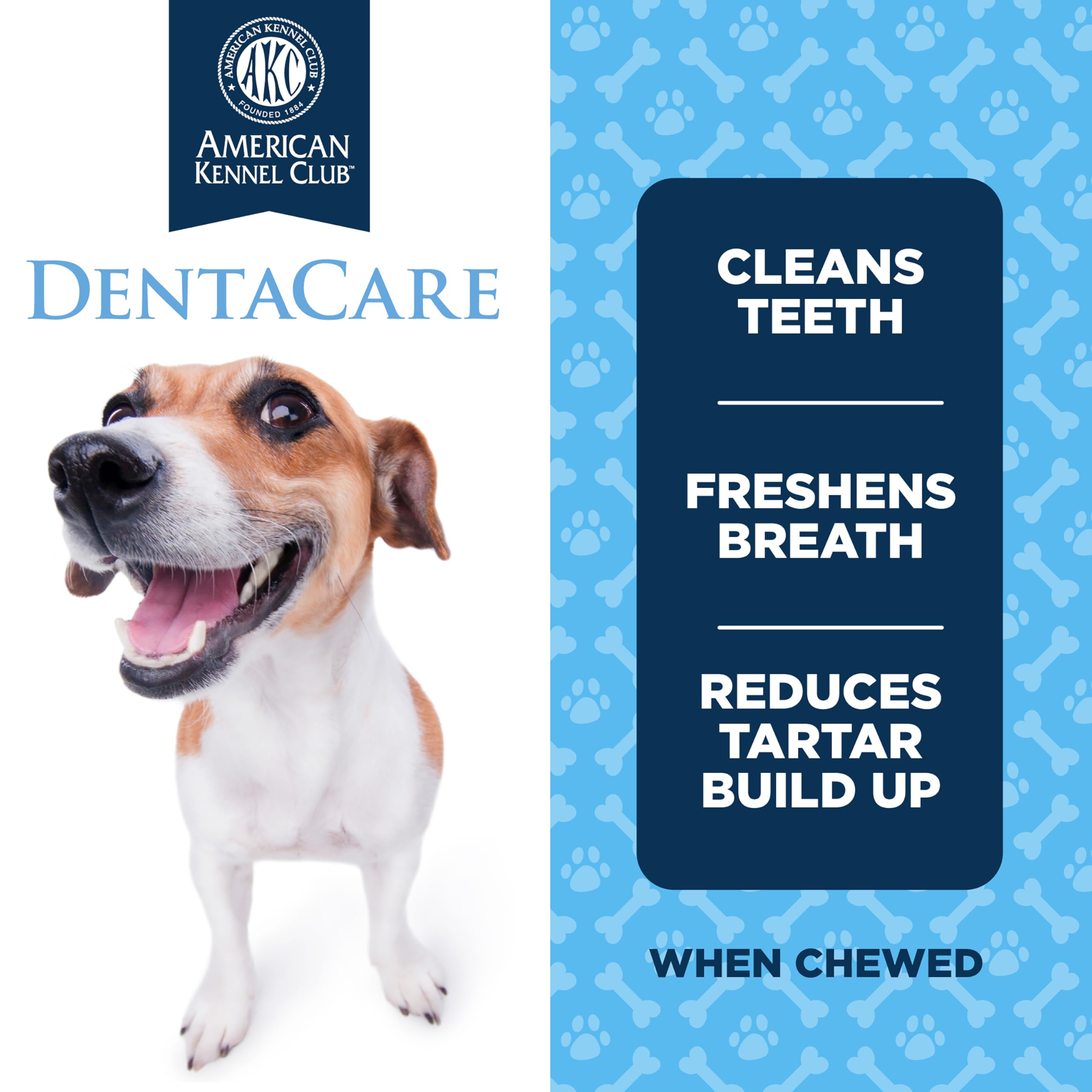 AKC Dentacare chewy-x-shape dental sticks provide teeth cleaning action during chewing.