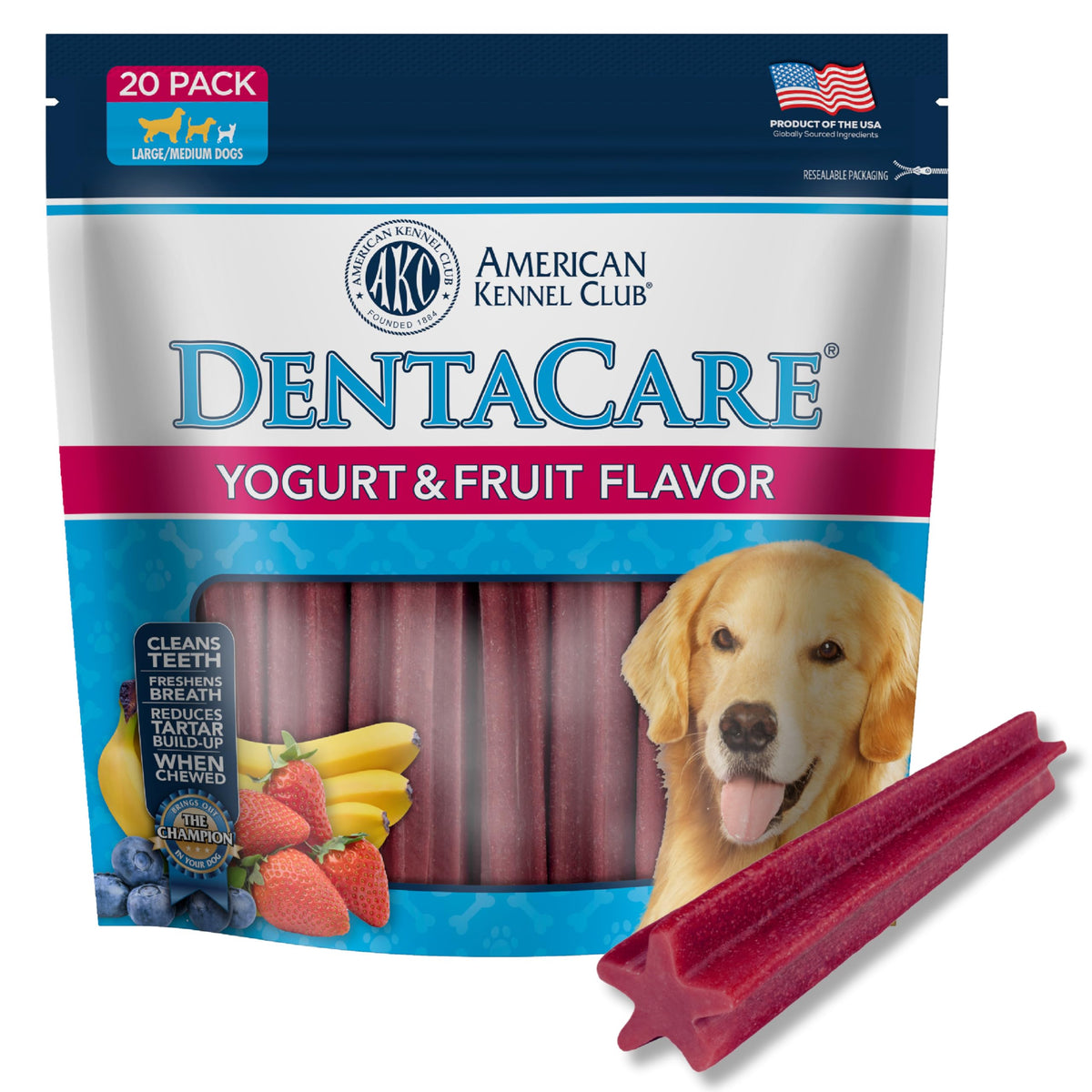 American Kennel Club Dentacare Yogurt & Fruit Flavor treats show the 5-star X-shape design for cleaning teeth