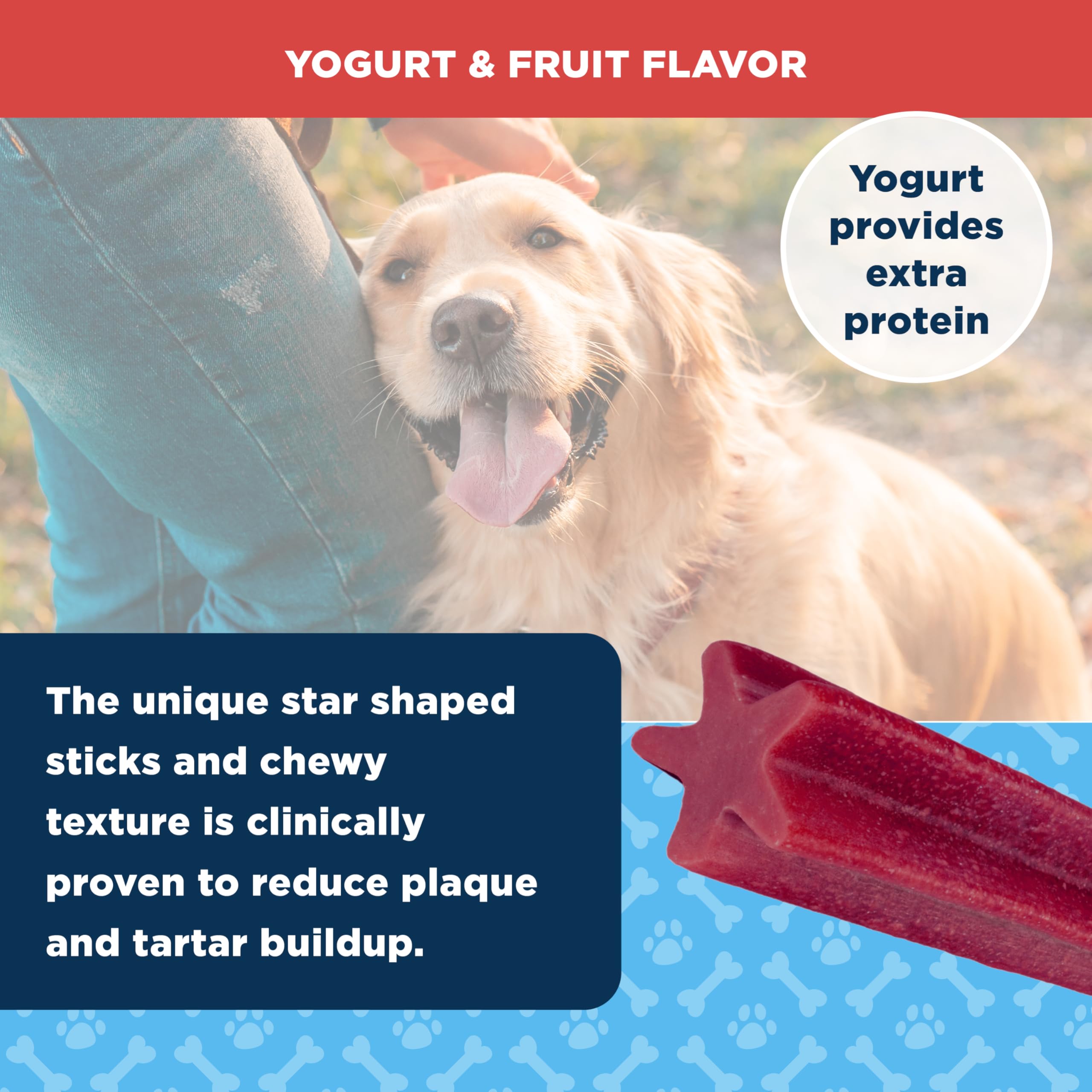 American Kennel Club Dentacare Yogurt & Fruit Flavor pack of treats supports daily oral care during chew time