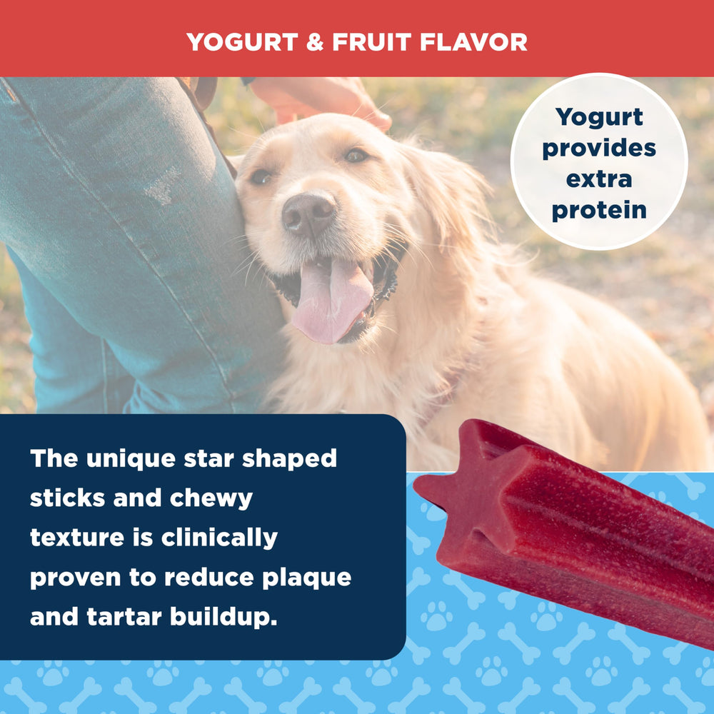 American Kennel Club Dentacare Yogurt & Fruit Flavor pack of treats supports daily oral care during chew time