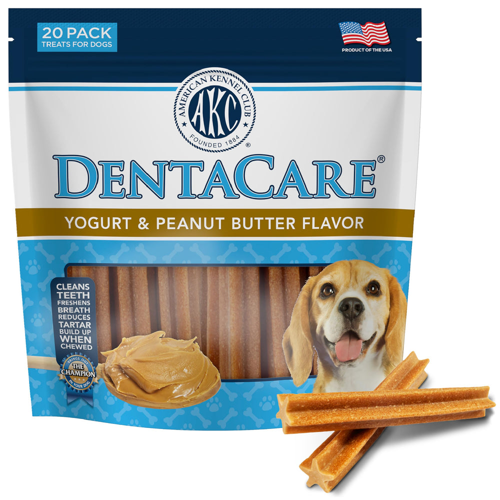 American Kennel Club Dentacare yogurt-peanut-butter dental treats in package support fresher breath.
