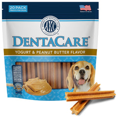 American Kennel Club Dentacare yogurt-peanut-butter dental treats in package support fresher breath.
