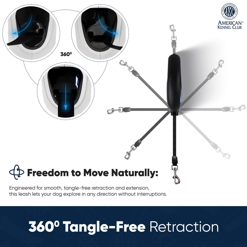 American Kennel Club retractable leash featuring 360-degree swivel clip to prevent tangling.