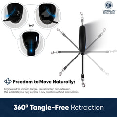 American Kennel Club retractable leash featuring 360-degree swivel clip to prevent tangling.