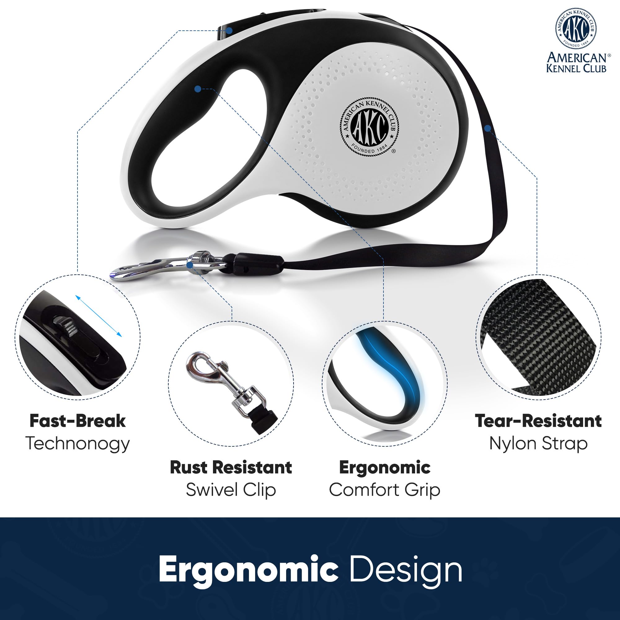 American Kennel Club retractable leash highlighting ergonomic grip for long, comfortable walks.